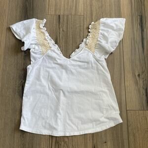 Sezane Leopold Smocked Sleeve T Shirt Size Small V Neck Cotton Top Yellow Trim